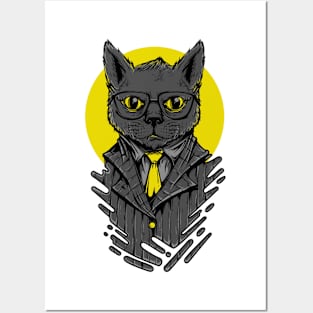 Cat Suit Serious Grey Yellow Posters and Art